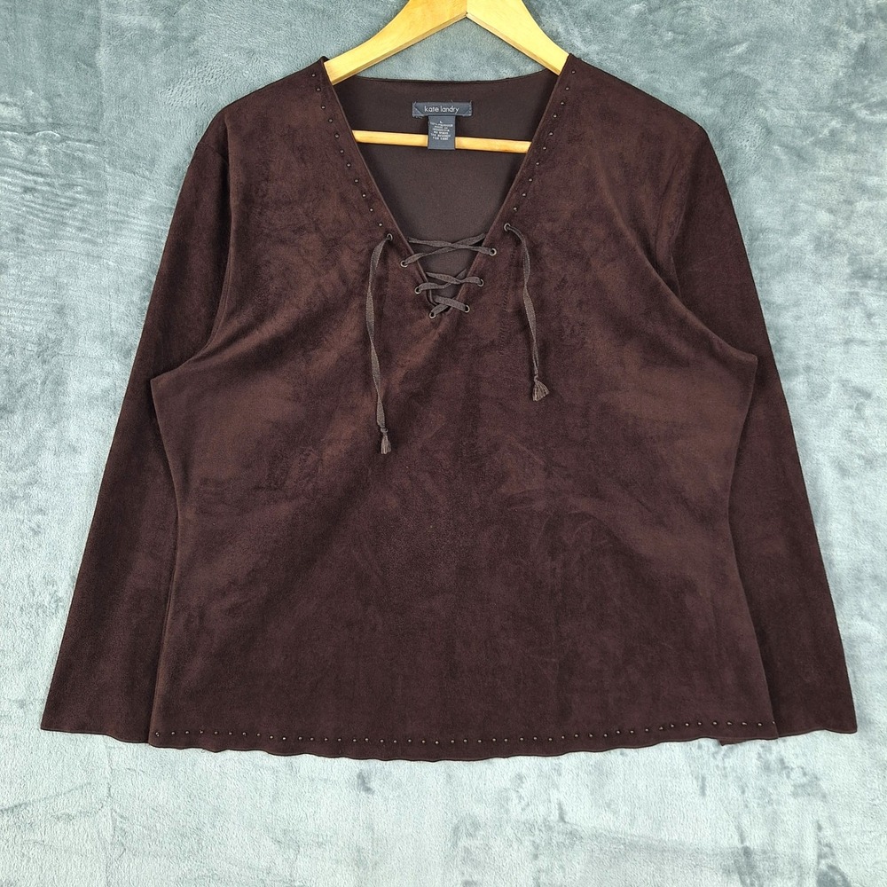 Womens‎ Top Large Brown Faux Suede Boho Renaissance Poet Peasant Lace Up Western